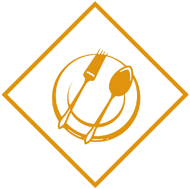 Orange diamond with a plate, fork, and spoon icon indicating dining or food service.