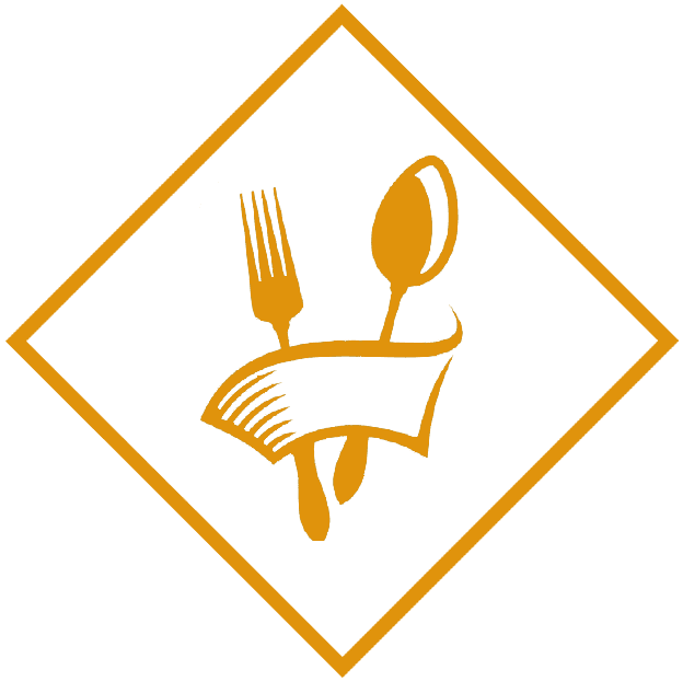 Orange diamond sign with fork, spoon, and napkin symbol indicating food or dining area