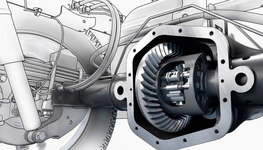 A black and white drawing of a rear differential