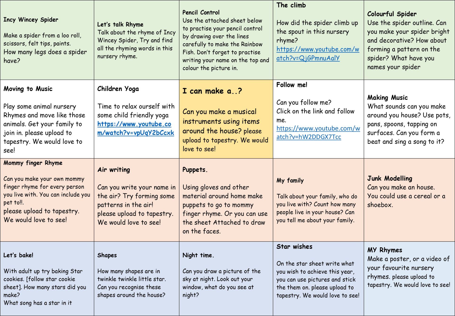 A grid of activity ideas with titles and descriptions, categorized by topic.