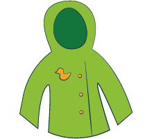 Green raincoat with a hood and duck detail.