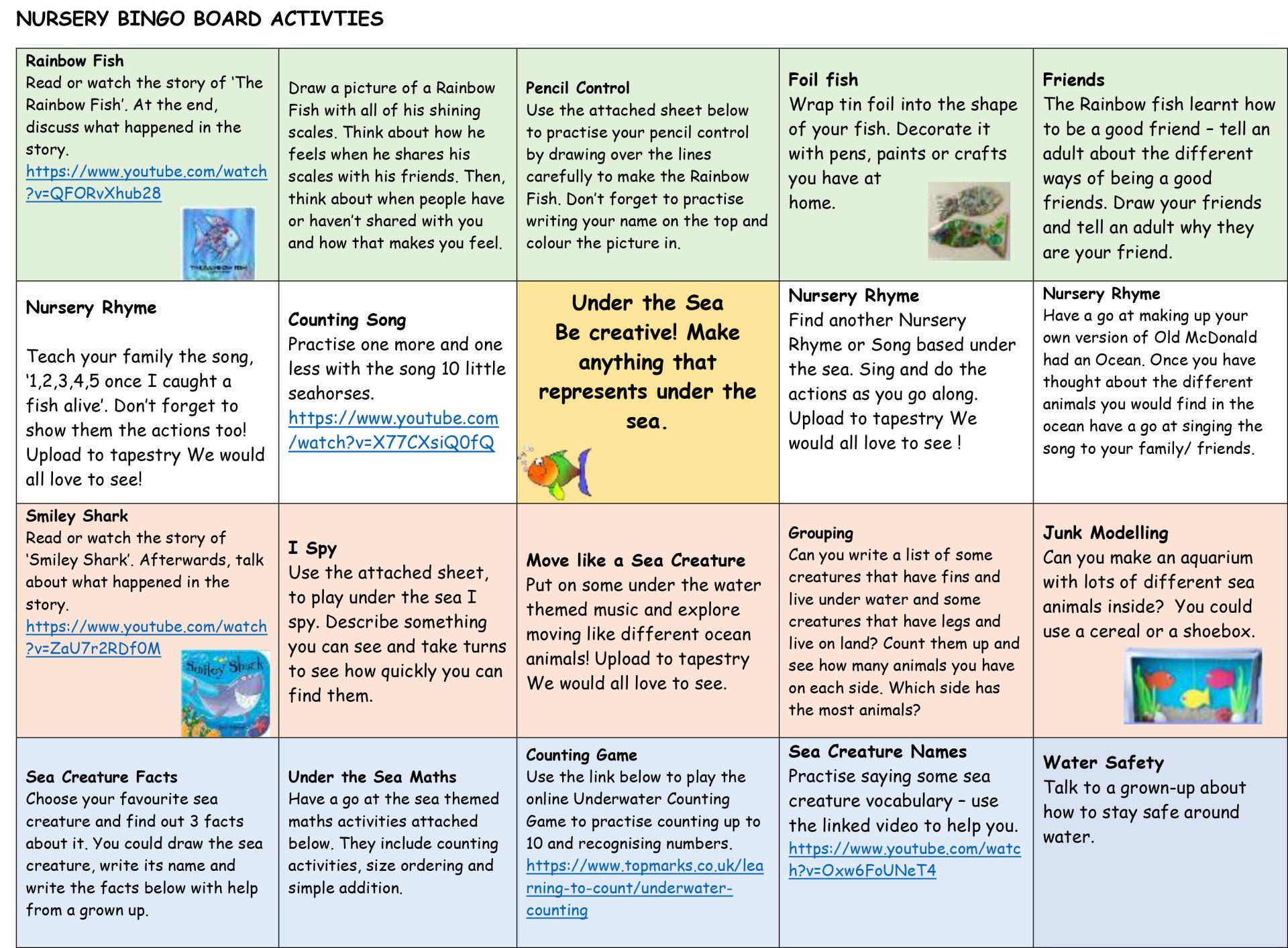 Chart with various underwater-themed activities, including stories, crafts, and games.