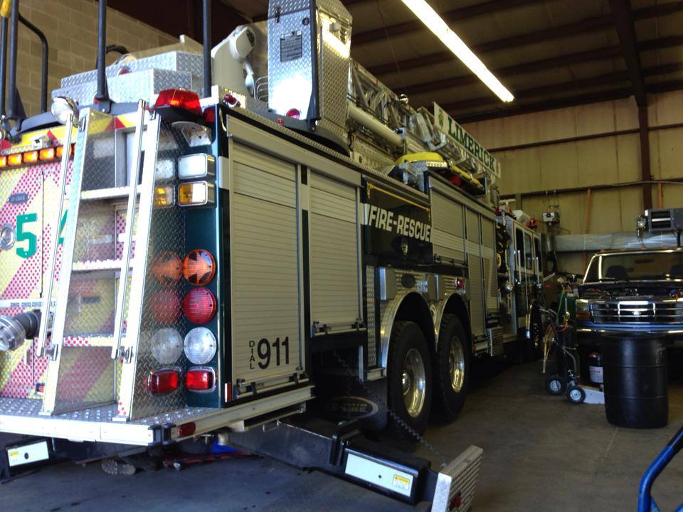 Fire truck in a garage, labeled