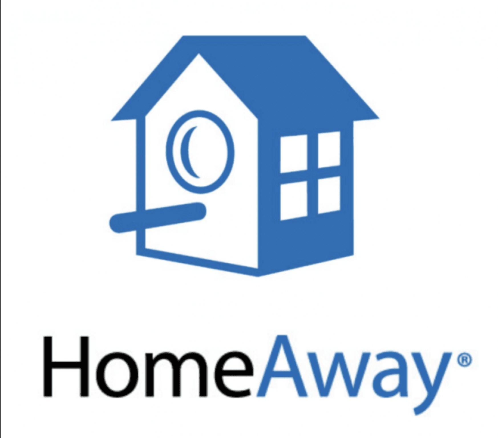 A blue and white homeaway logo with a birdhouse