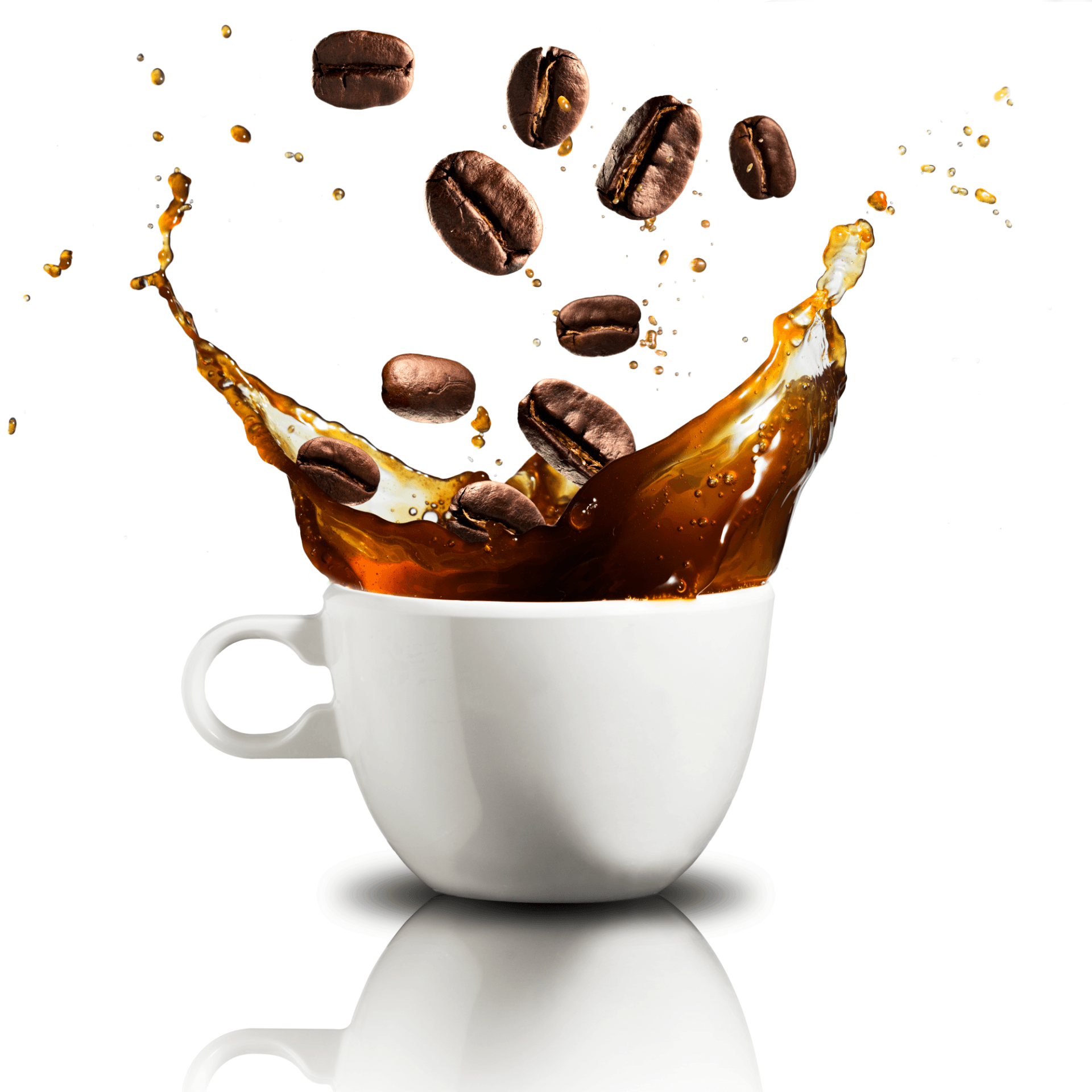 A white cup of coffee with a dramatic liquid splash and roasted coffee beans suspended in the air above it.