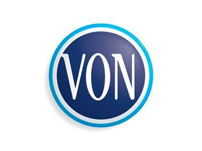A blue and white von logo on a white background
