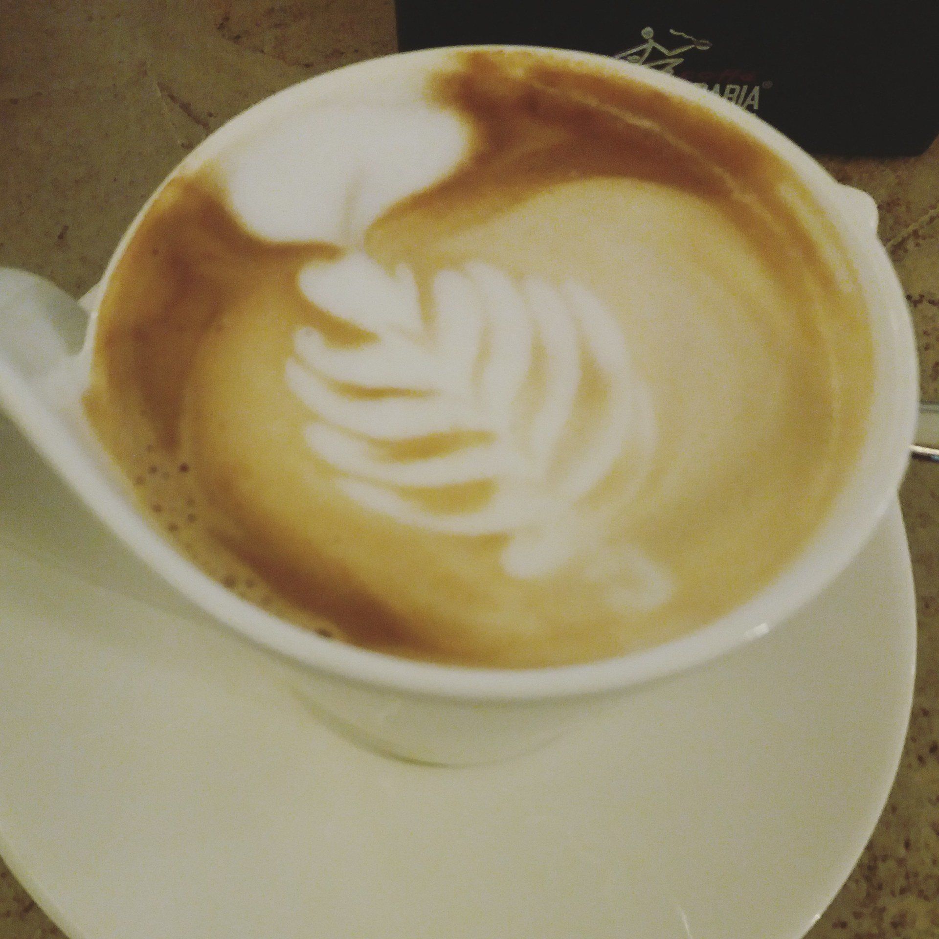 Latte in una tazza bianca con motivo a foglia su un piattino. Caffè marrone con schiuma bianca.
