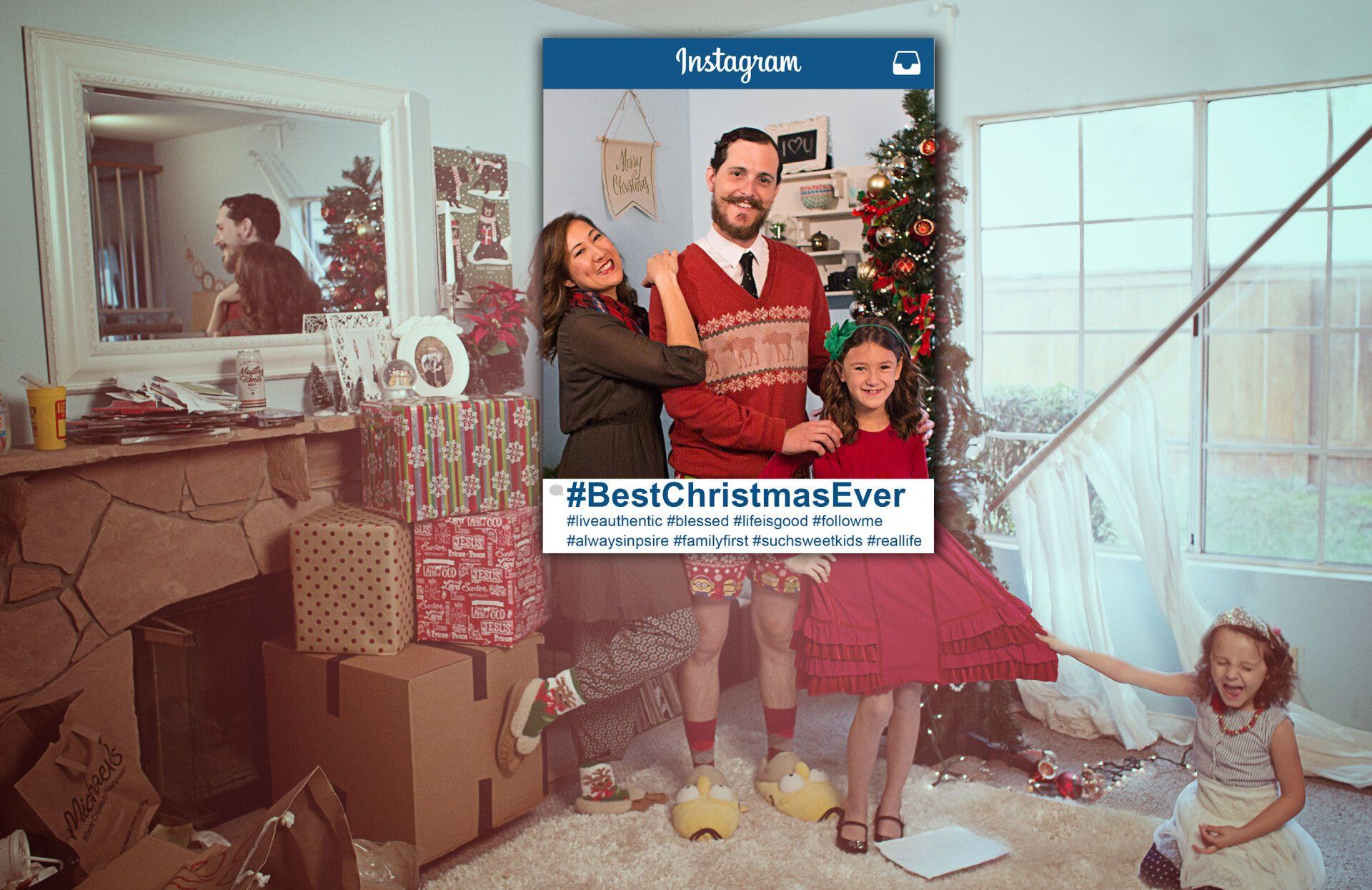 A family is posing for a picture in front of a christmas tree.