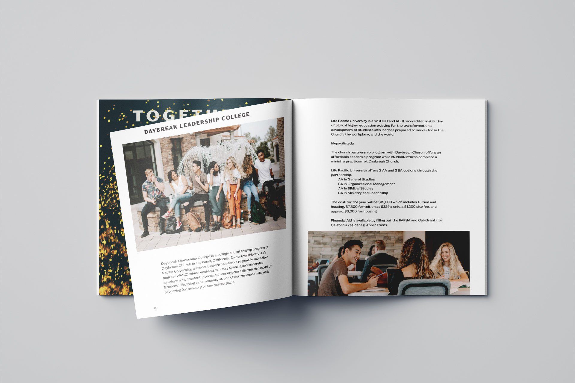 A book is open to a page with a picture of a group of people sitting around a table.