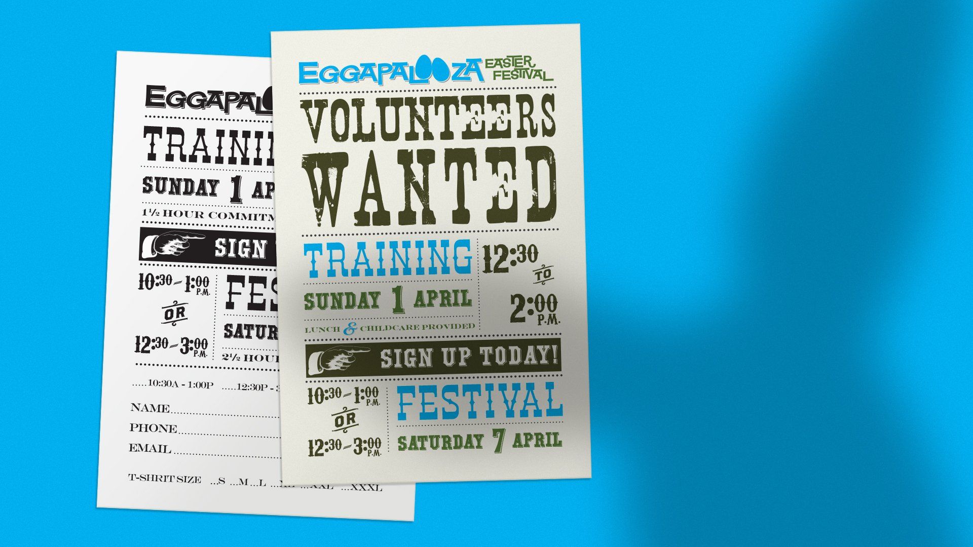 Two wanted posters for volunteers on a blue background
