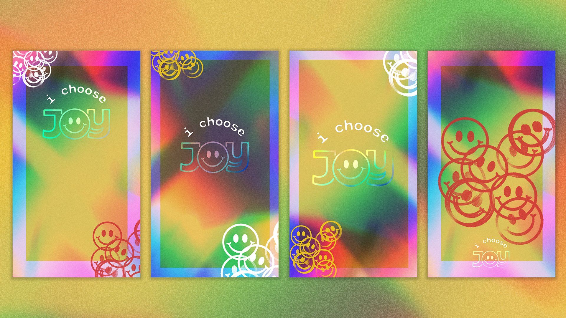 A set of four posters with smiley faces on them on a colorful background.