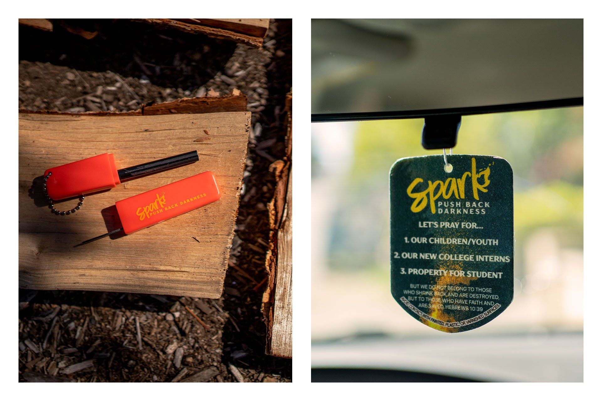 A car air freshener is hanging from the rear view mirror of a car.