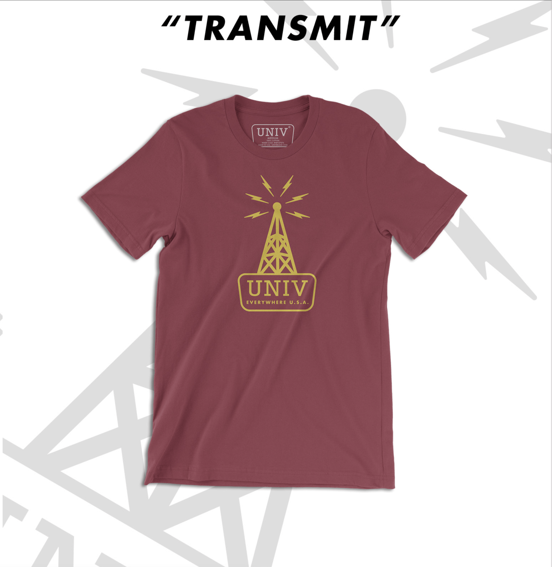 A maroon t-shirt with the word transmit on it