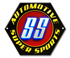 Automotive Super Sports logo: Black hexagon with yellow text, red and black circles, and blue-outlined white 