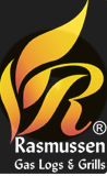 Logo for Rasmussen Gas Logs & Grills: gold flame design with 