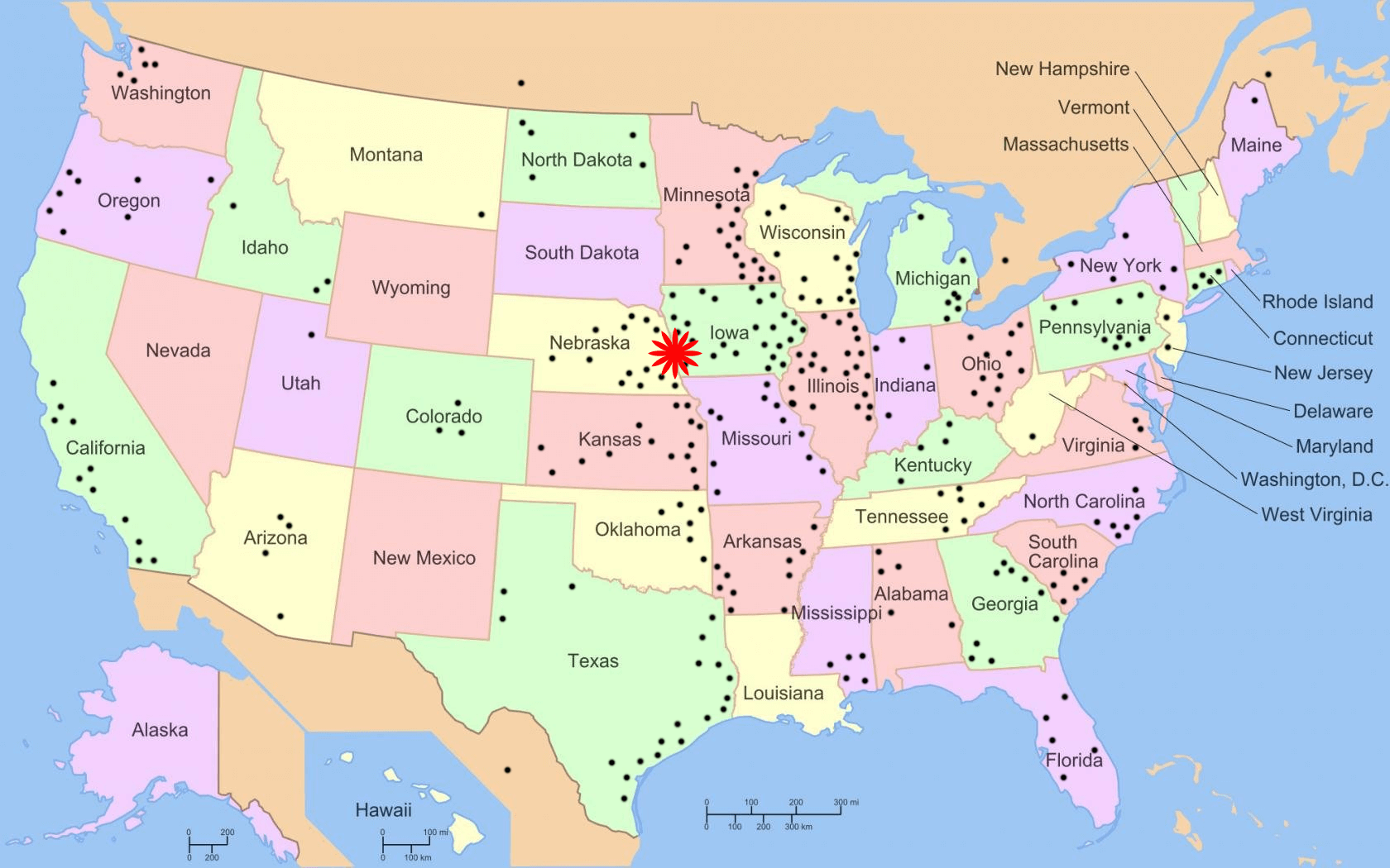 A map of the united states with a red star in the middle