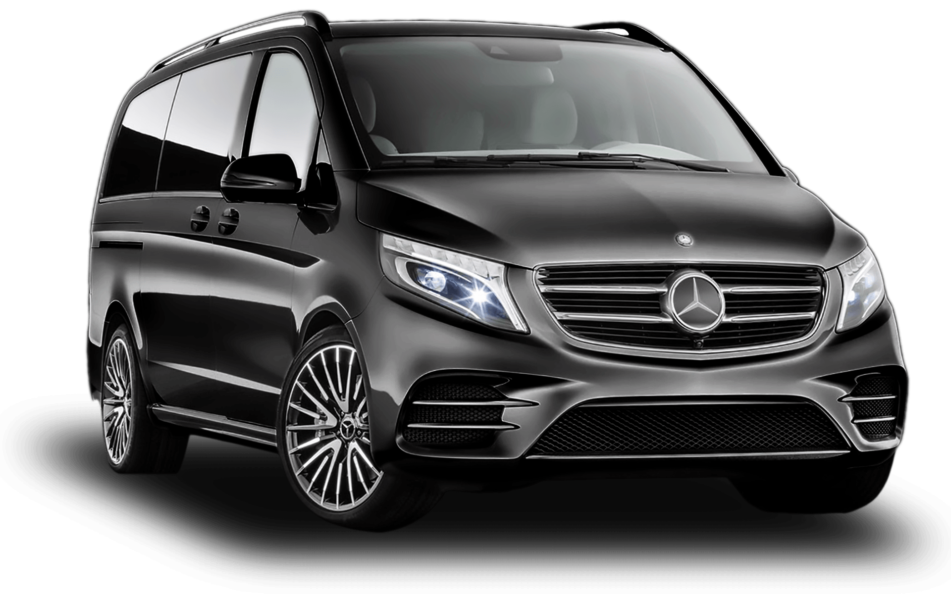 Een zwarte Mercedes-bus is afgebeeld op een witte achtergrond. Mercedes V class