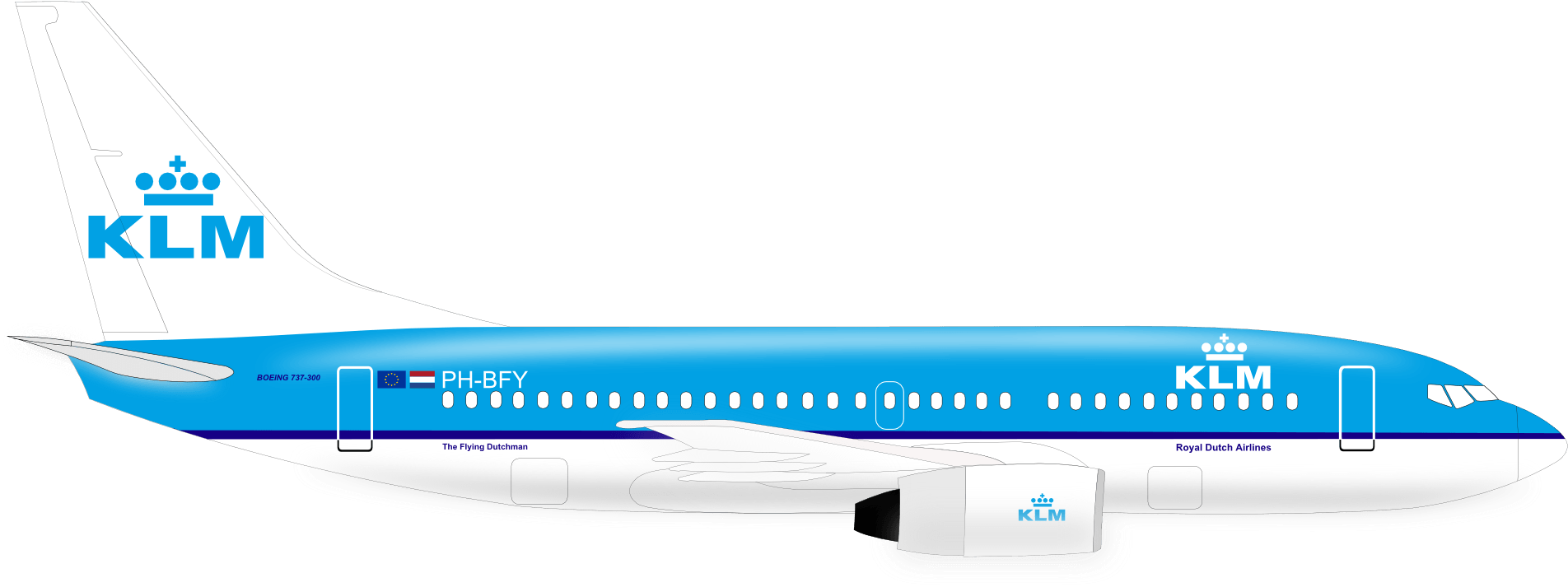 Een blauw klm-vliegtuig op een witte achtergrond