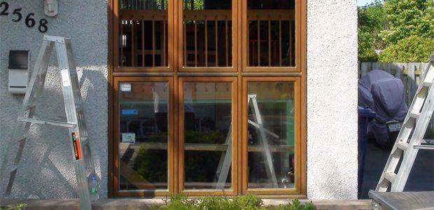 large wooden window installation