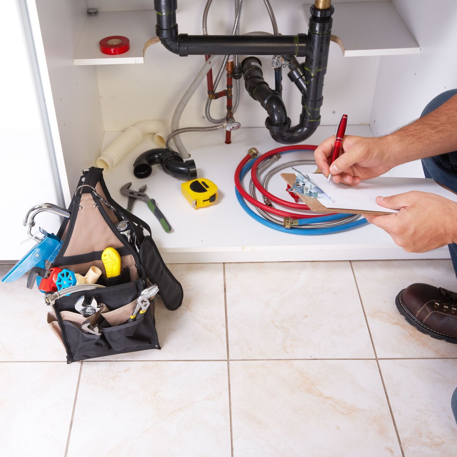 Plumber under sink, taking notes. Tools and pipes are visible.