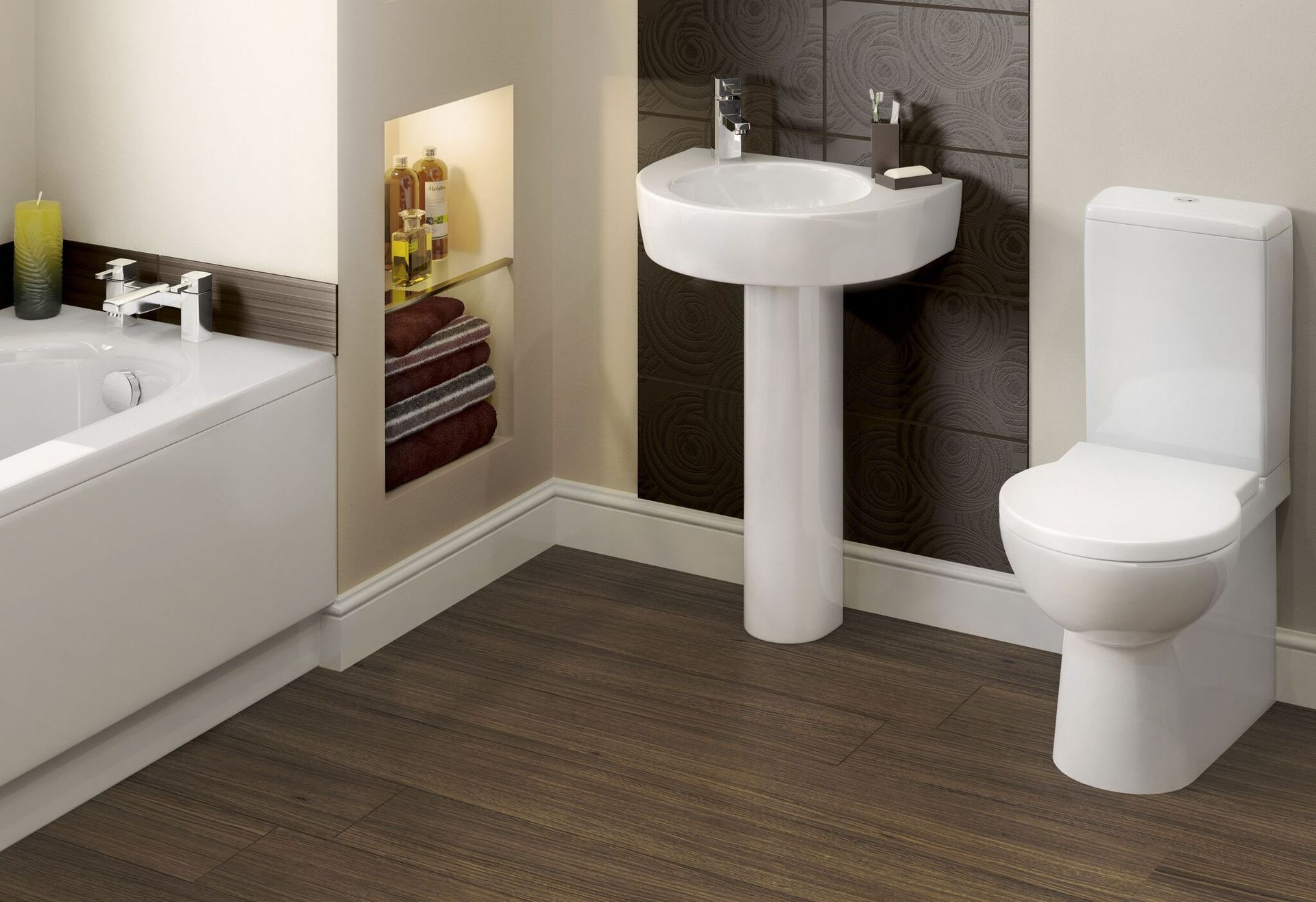 Bathroom with white fixtures: sink, toilet, tub, and a built-in shelf with towels.