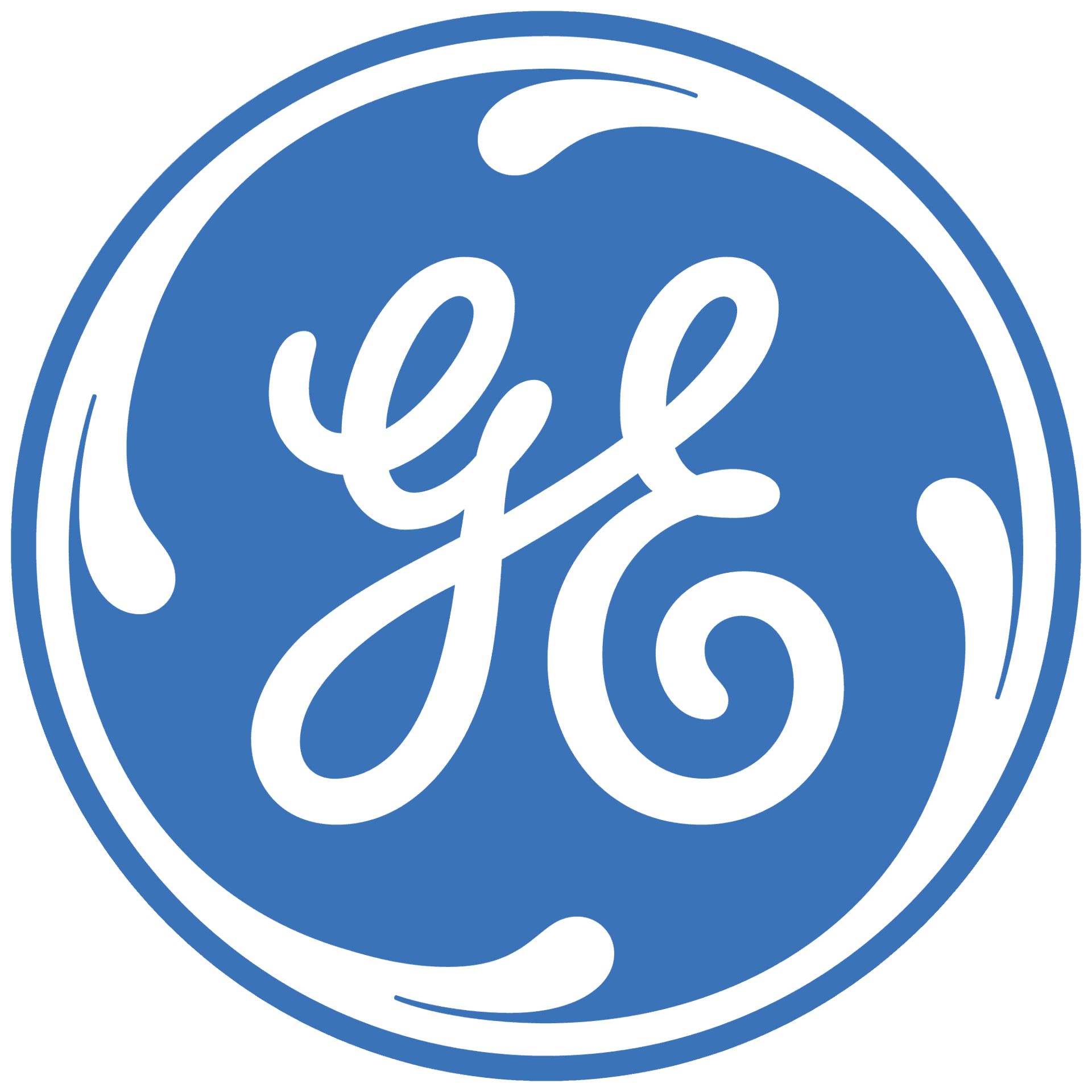 GE blue circular logo with white script letters inside
