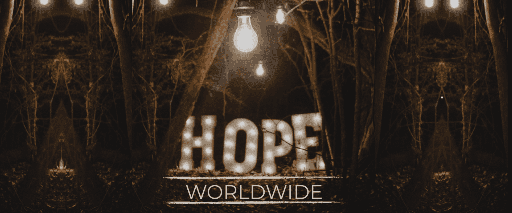 Illuminated “HOPE” and “WORLDWIDE” signs glowing in a dark forest at night