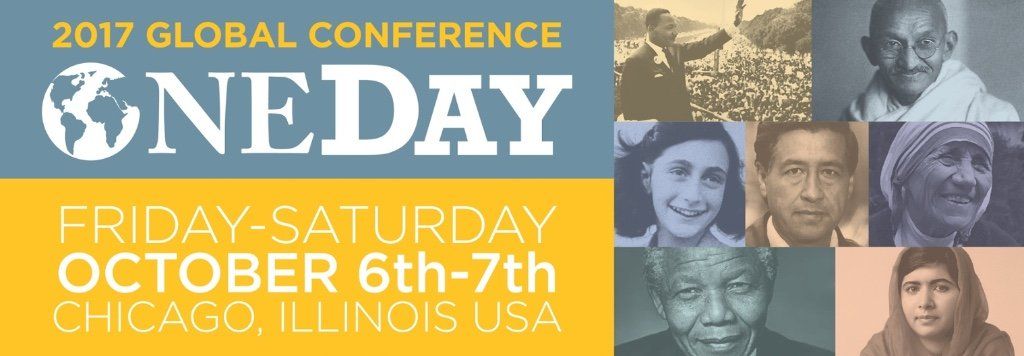 2017 Global Conference ONEDAY poster, October 6-7, Chicago, with collage portraits and blue-gold design