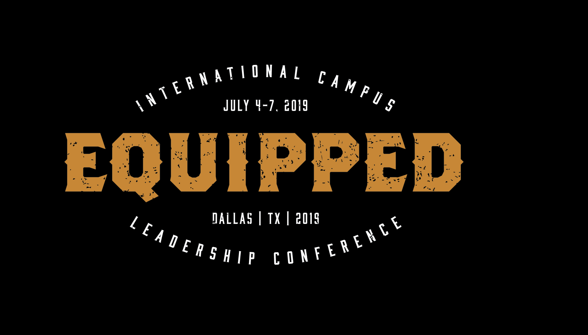 Black and gold event logo reading “EQUIPPED” with curved text: “Revival Camp July 6-8, 2023” and “Leadership Conference”