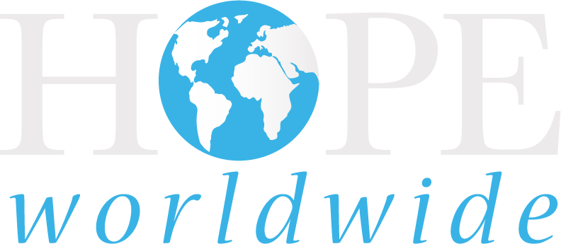 HOPE worldwide logo with light blue globe and text on white background