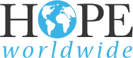 HOPE worldwide logo with a blue globe inside the “O” and blue italic “worldwide” text below
