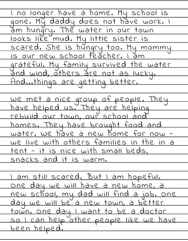 Handwritten note about homelessness and school support, written on lined paper.