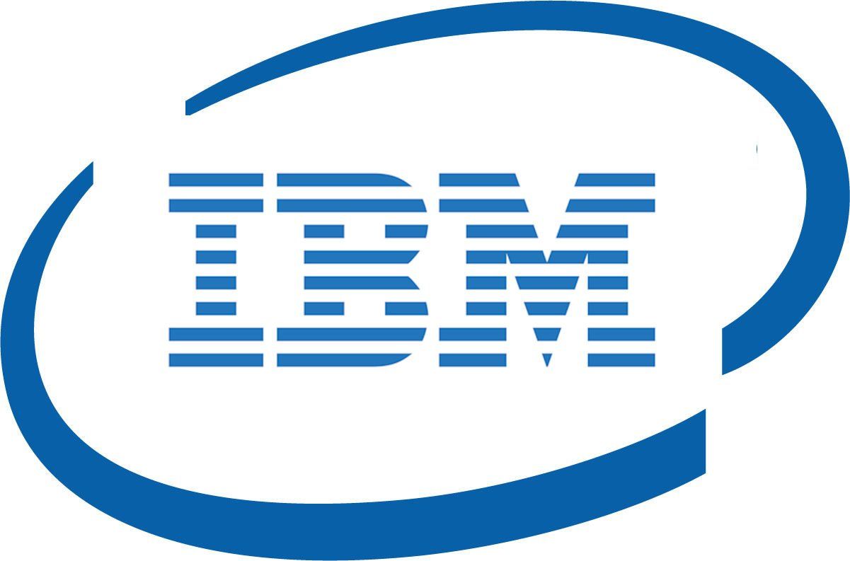 IBM blue logo with striped letters inside a blue oval