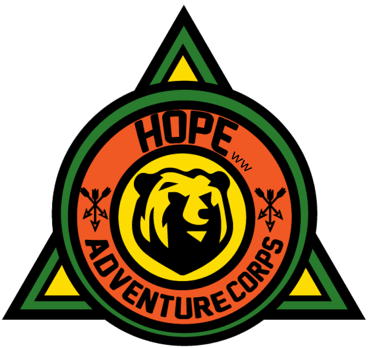 HOPE Adventure Corps logo with a lion in a yellow circle inside a green triangle on black and orange background