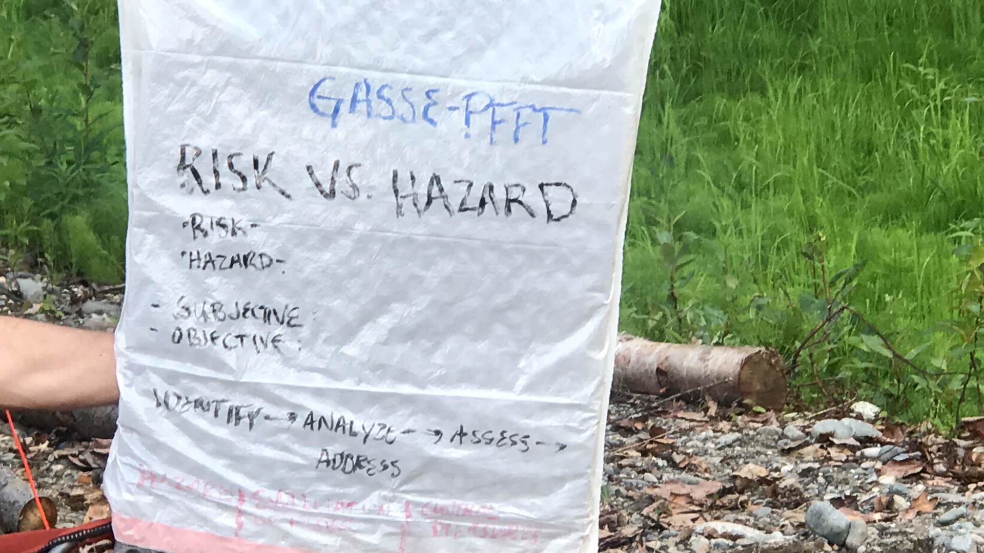 Handwritten sign on white plastic bag reading “RISK vs HAZARD” beside grass and gravel outdoors