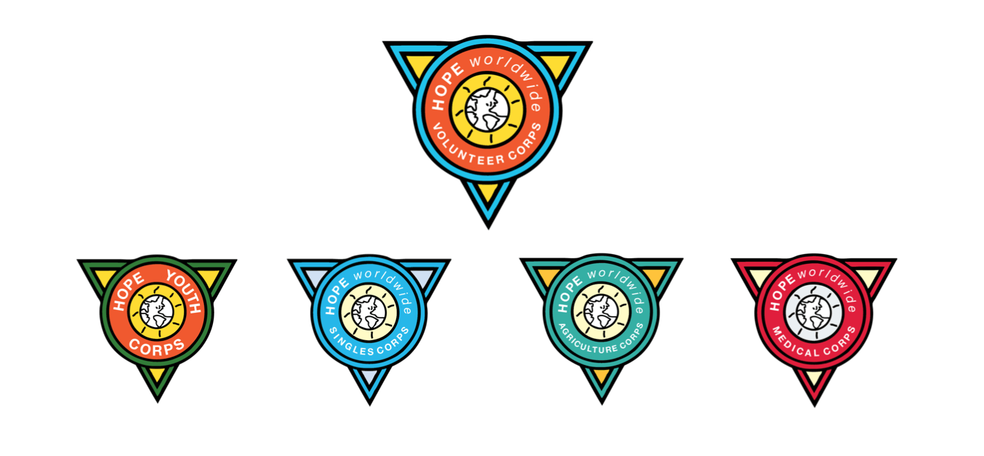Five colorful circular badge emblems in a row, with one centered above the others on a white background.