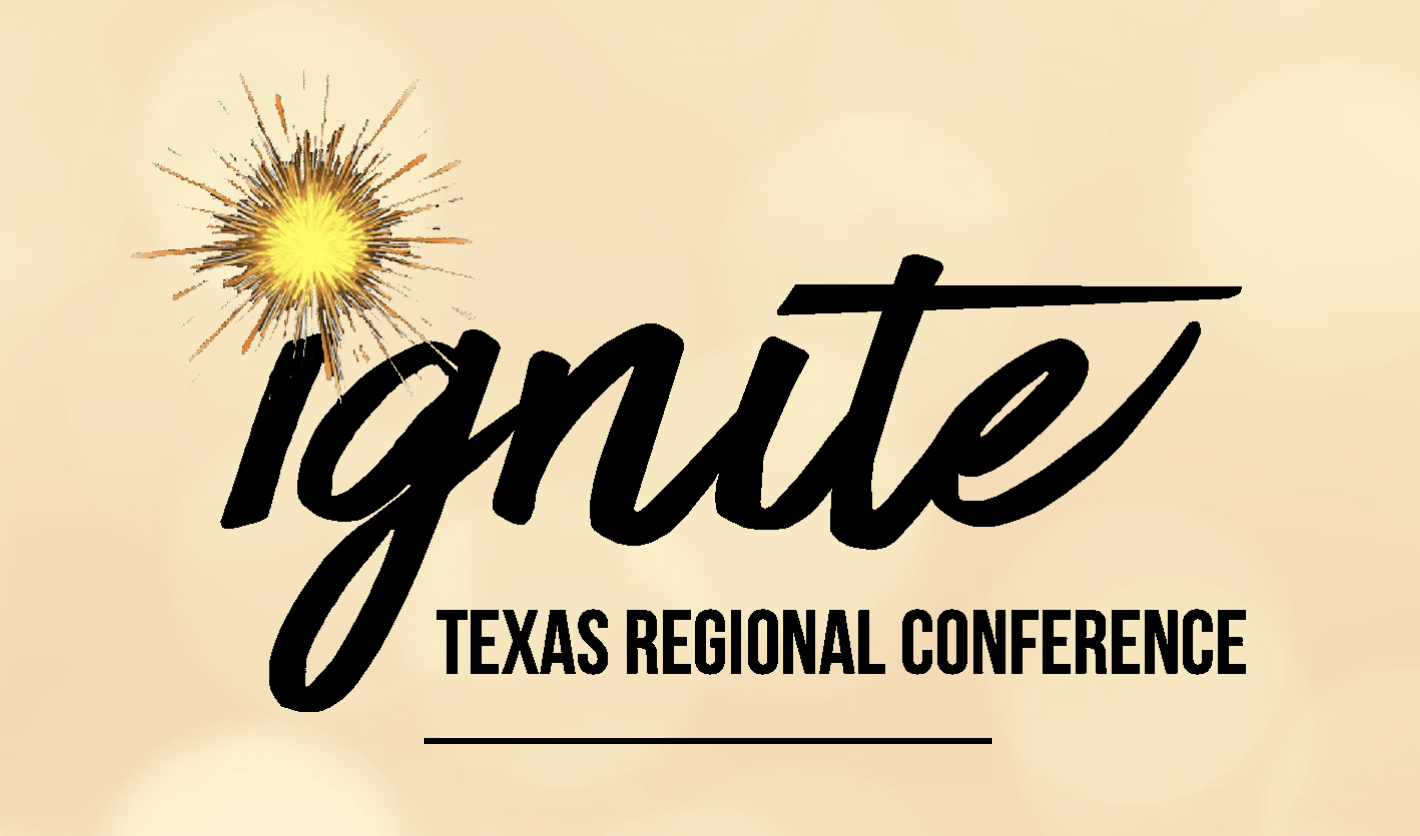 Ignite Texas Regional Conference logo with sunburst and black script text on a beige background