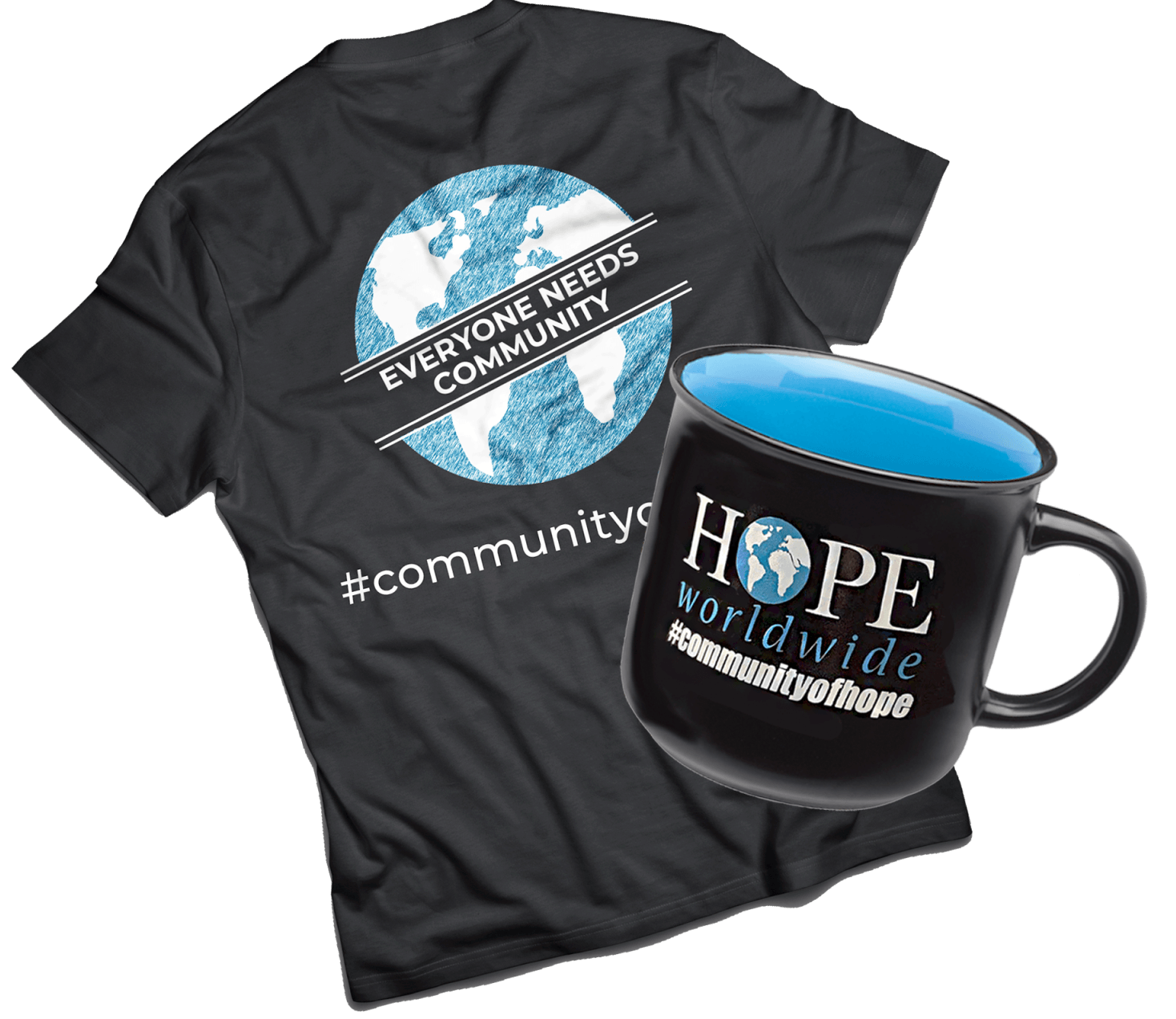 Black T-shirt and mug with blue heart and white “HOPE” and “#community…” advocacy text
