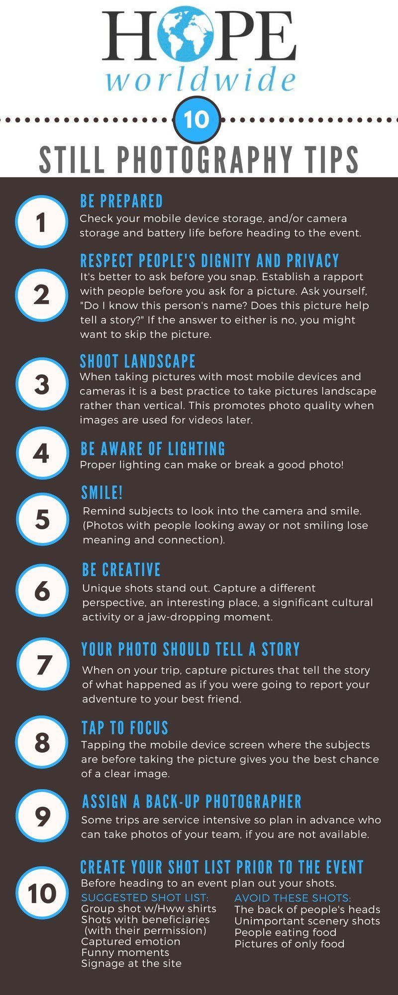 Infographic titled “Hope for Wildlife: 10 still photography tips” with blue and white design and numbered list.