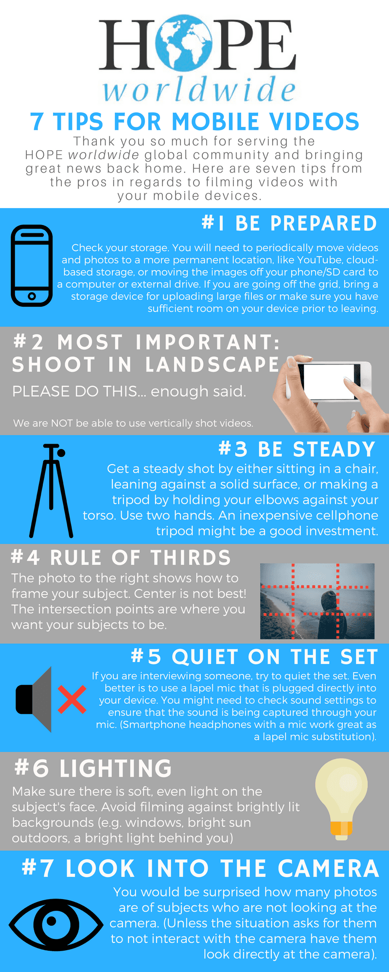 Blue infographic titled “Hope for the Movies” with seven filmmaking tips and simple icons.