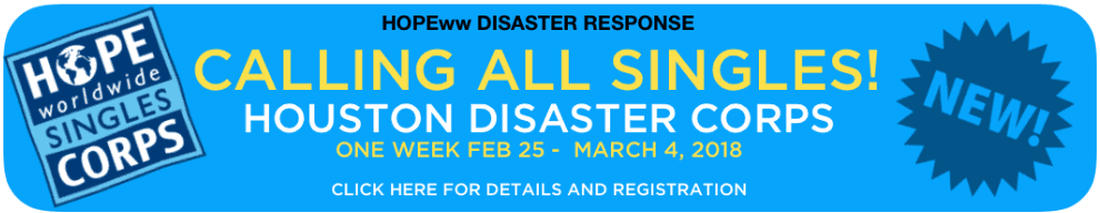 Blue Houston Disaster Corps banner reading “Calling All Singles!” with event details and “new” badge