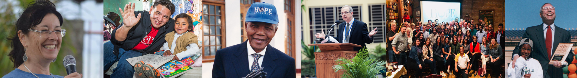 Hope Worldwide. Bringing Hope. Changing Lives. Collage of people at outdoor events, including speakers, crowds, flowers, and a man in a blue cap.