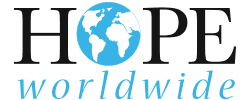 HOPE worldwide logo with blue globe in the O and light blue lowercase wordmark