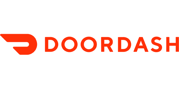 DoorDash logo: orange wordmark and icon on white background.