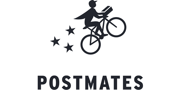 Postmates logo: Silhouette of a person on a bicycle with stars and text