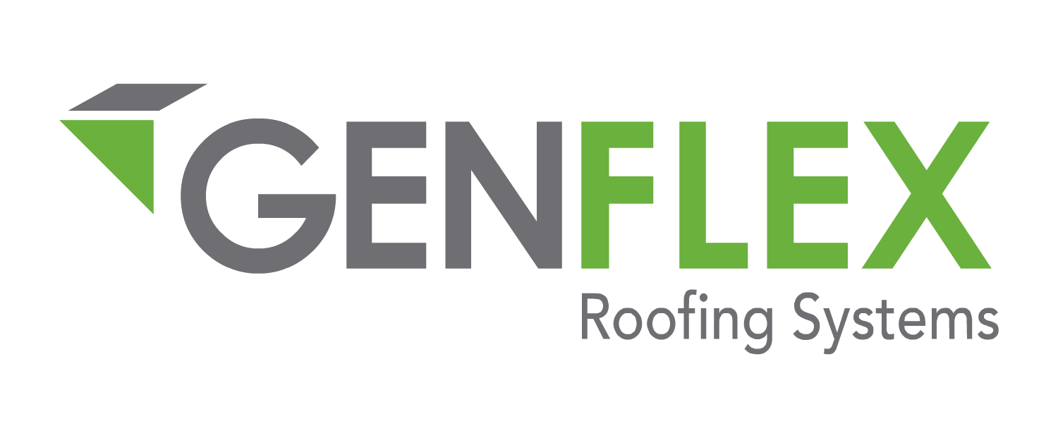 Logo for Genflex Roofing Systems, green and gray text with a geometric logo element.