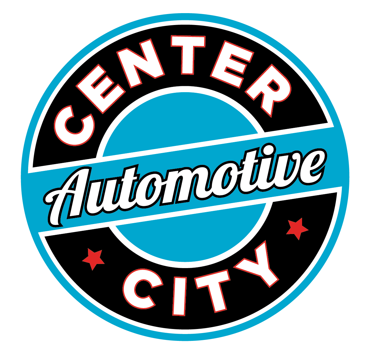 Center City Automotive logo in black, white, blue, and red with circular design and stars