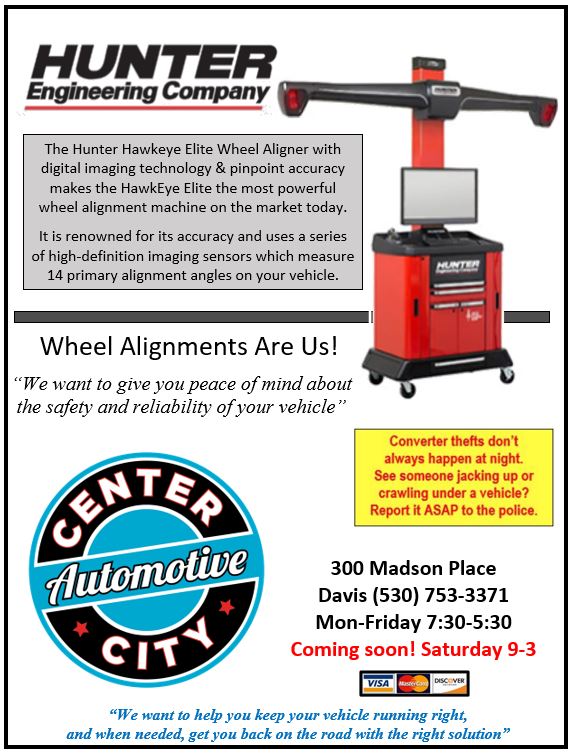 Hunter wheel-alignment ad with red alignment machine and Center Automotive City logo in a white box