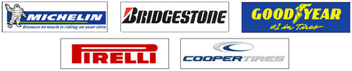 Logos of Michelin, Bridgestone, Goodyear, Pirelli, and Cooper Tire on a white background