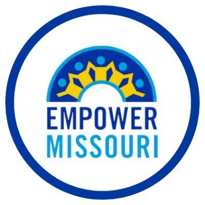 A blue and yellow logo for empower missouri